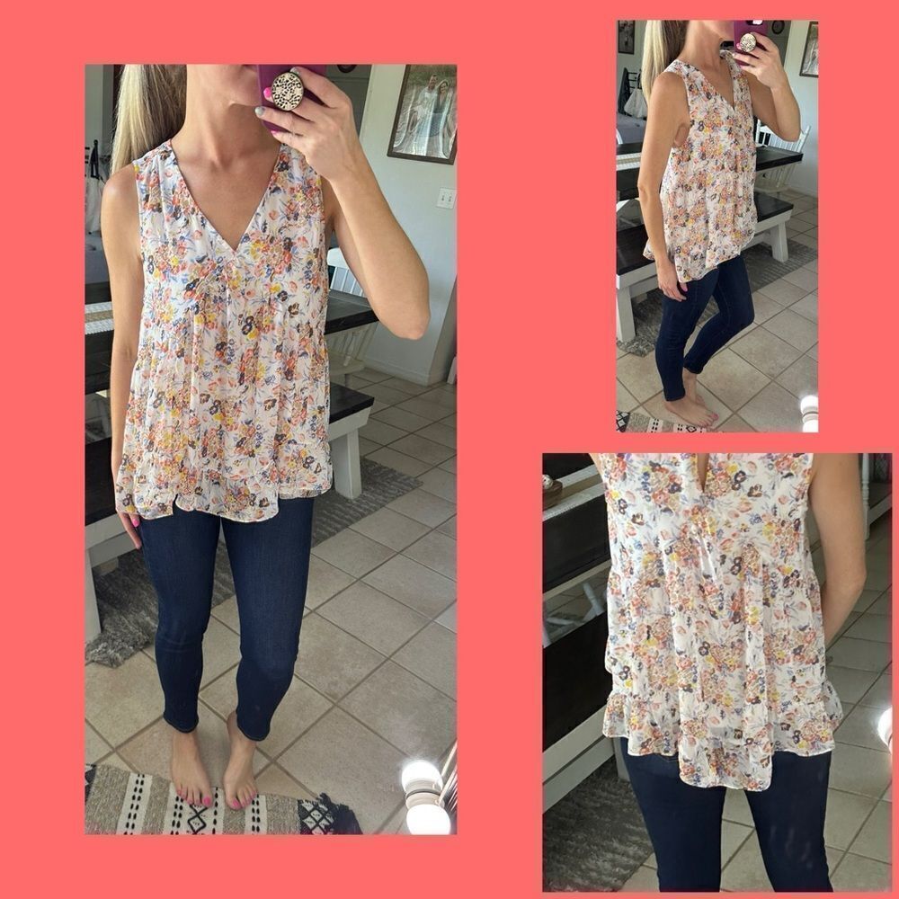 Entro Boutique Blue Multi Color Floral Babydoll Tiered Flowy Sleeveless Top